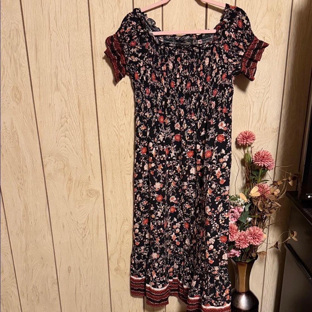 Suzanne Betro Black Midi Dress with Rose Floral Print